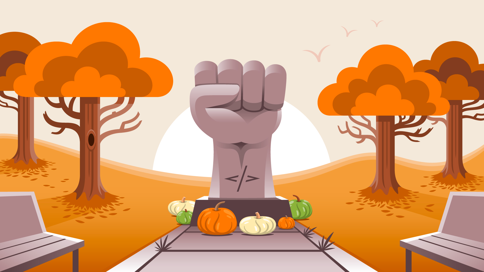 Fist coming out of the ground surrounded by a fall scene of pumpkins and trees