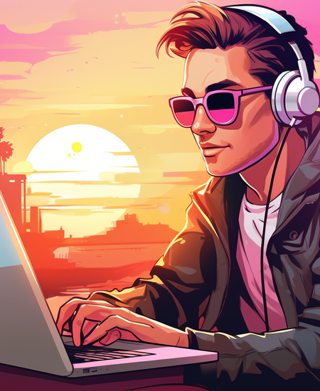 A stylish young man with slicked-back hair and pink sunglasses is working on a laptop outdoors at sunset. 